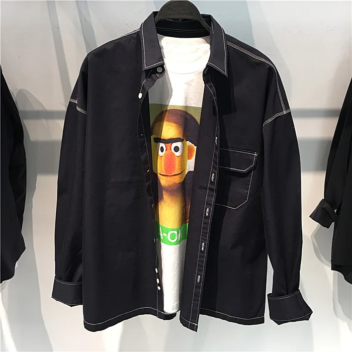 

, 92189 South Korea Dongdaemun Men'S Wear 2019 Autumn Men Hong Kong Style Loose-Fit Workwear Black Shirt Coat