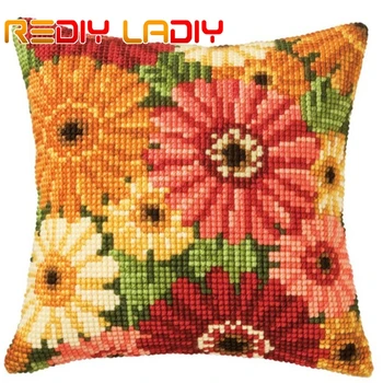 

Cross Stitch Cushion Modern Daisies Chunky Yarn Cross-Stitch Kits Needlework Pre-Printed Canvas Pillow Home Decor Arts & Crafts