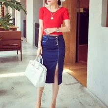 Модные женские эластичные джинсовые юбки, женские тонкие разрезные карандаш с высокой талией, сексуальные женские юбки с разрезом, повседневные джинсы, длинная юбка