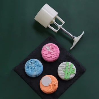 

Plastic Mooncake Mold 65g Cookie Cutter 4 Round Square Stamps Hand Press Pastry Mould DIY Bakeware Mid-autumn Festival