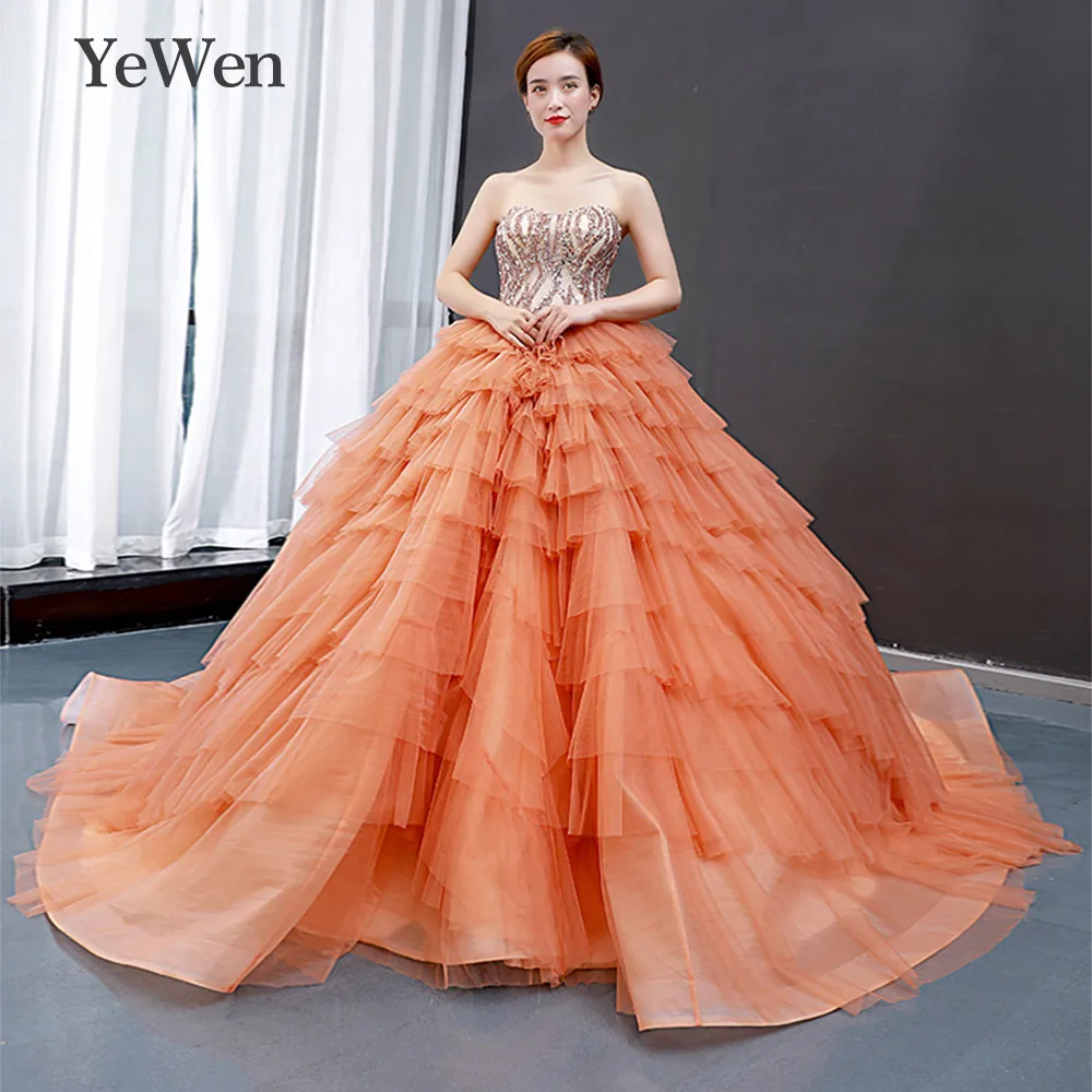

Dubai Luxury orange color Evening Dresses 2020 strapless evening gown evening dress long formal dress vestidos de fiesta YeWen