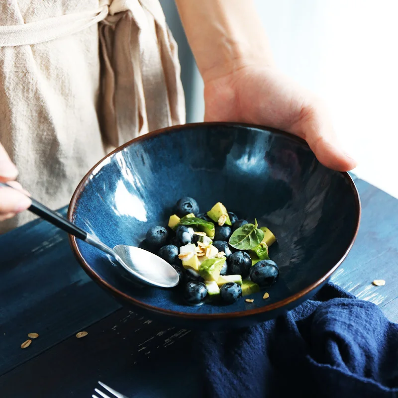 Comprar Platos de cerámica japonesa para frutas, tazón de ensalada de Ojo de Gato Azul, tazón de sopa irregular de Ramen, postre creativo, decoración de muebles de cocina