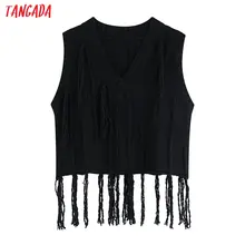 Tangada корейский шикарный женский черный свитер без рукавов с кисточками винтажный Женский вязаный джемпер Топы BE116