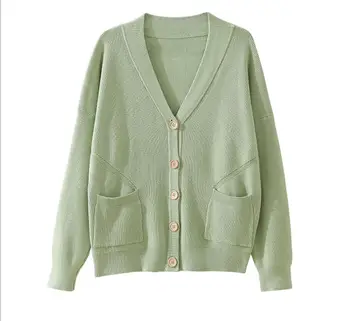 

2019 women's actumn v-neck cardigan thick loose sweater causal pocket single breasted cardgians for female's