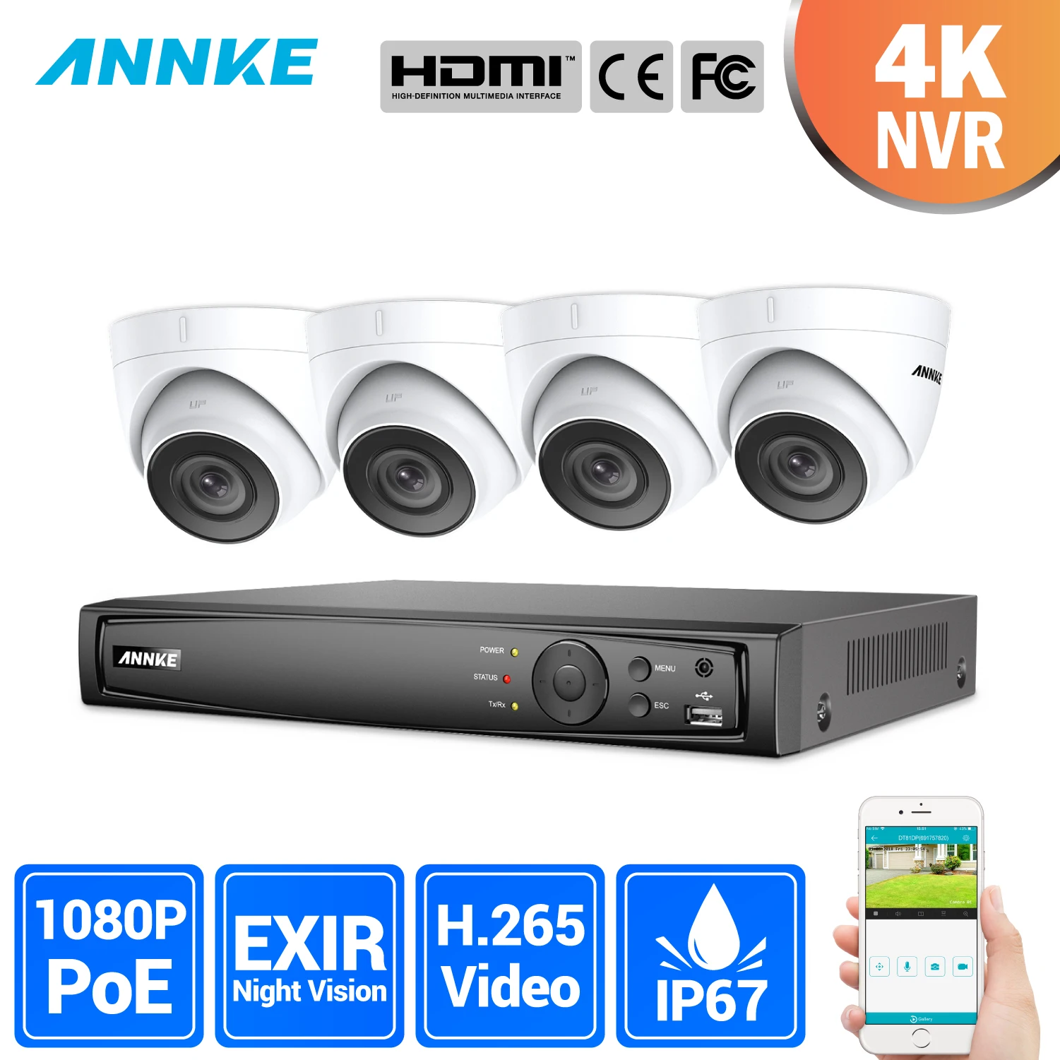 

ANNKE 8CH 2MP Ultra HD POE Network Video Security System 4K H.265 NVR With 4X 2MP 30m EXIR Night Vision Weatherproof IP Camera