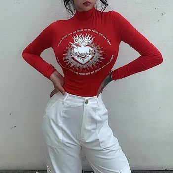 

Printed Turtleneck Long Sleeve Bodysuit Autumn Basic Bodycon Jumpsuits Ladies Bodies Red Harajuku Casual Body Women