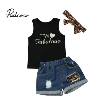 

pudcoco New 3PCS Toddler Kids Girl Clothes Set Summer Sleeveless Letter Vest Tops + Hot Shorts Denim Outfit Child Suit 1-6 Years