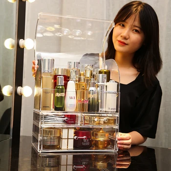 

Cosmetics storage box net red transparent dustproof large capacity desk brush bucket lipstick jewelry drawer shelf