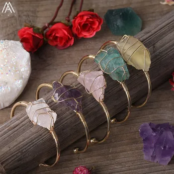 

Gold Copper Wire Wrap White Roses Quartz Nugget Beads Open Cuff Bangle Bracelet Boho Gemstones Bangle Couple Fashion Jewelry
