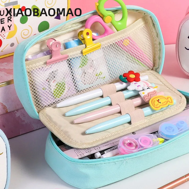 

Large capacity canvas pencil case double school pencil case net yarn + handle student stationery bag storage bag