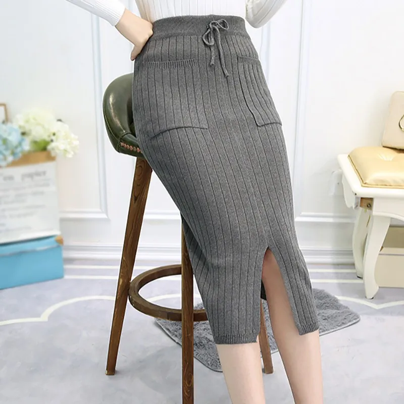 Women Autumn Winter Skirt Front Slit Bodycon Elegant Midi Pencil Skirt Casual Knitted Skirt High Waist Women Skirts