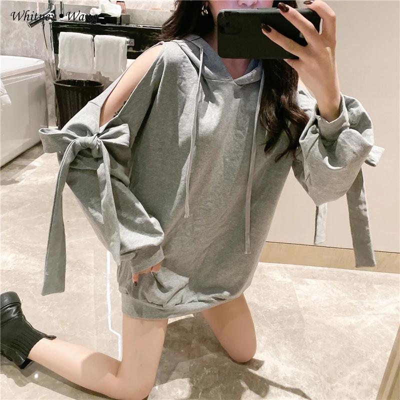 WHITNEY WANG,, весна-осень, модная уличная одежда, с вырезами на плечах, с лентами, с бантом, толстовка с капюшоном, женские толстовки, пуловер - Цвет: Серый