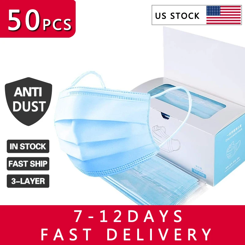 

50PCS Disposable Protective Mask 3 Layers Dustproof Facial Protective Cover Masks Maldehyde Prevent bacteria Masks Dropshipping