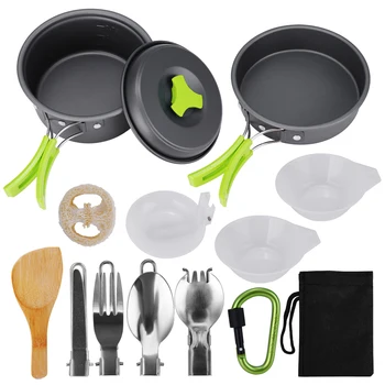 Camping Cookware 15Pcs Backpacking Gear Hiking Outdoor Non Stick Camping Tableware Set 1-2 People Lightweight Pot Pan Bowls 1