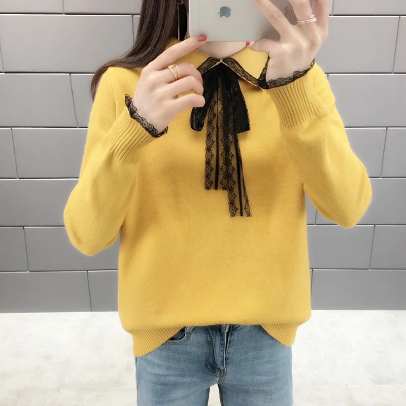 Autumn Winter Women Sweater Cotton Casual Knitted Shirts Long Sleeve Turn-down Collar Solid Tops Lace Bow Female Elasticity