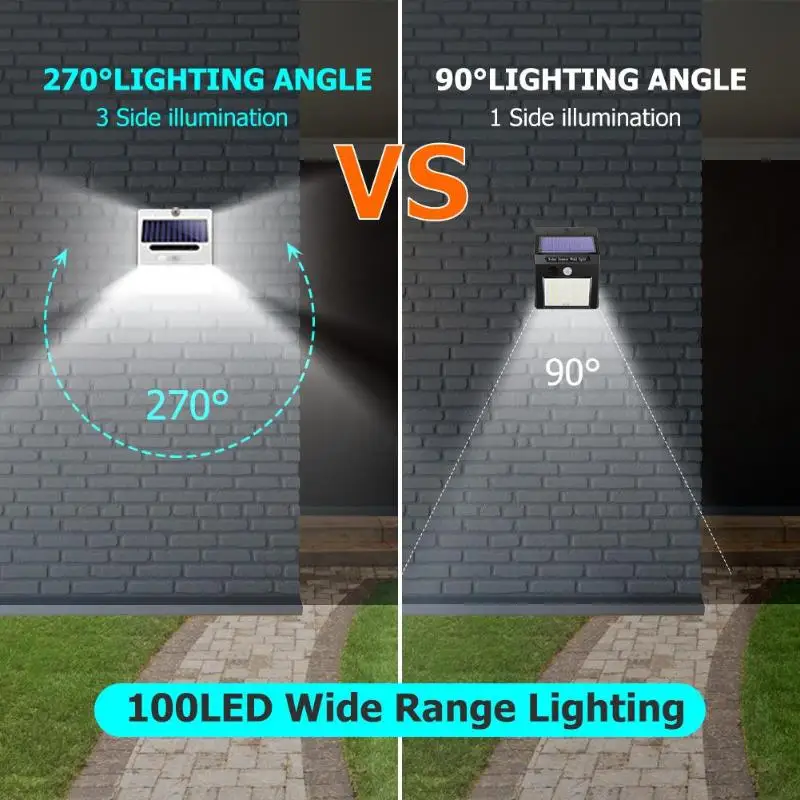 Трёхсторонний 100 светодиодный светильник на солнечной батарее с датчиком движения, уличный светильник для улицы, водонепроницаемый настенный светильник, уличный светильник, солнечная садовая лампа