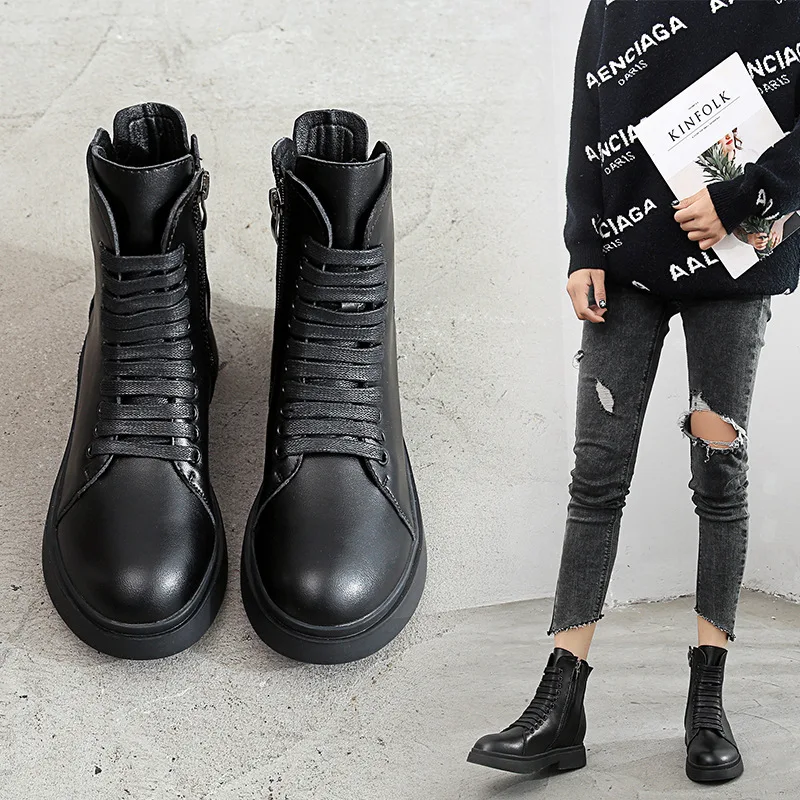 

Ankle Round Toe Med Motorcycle Boots Women Solid Fashion Lace Up Boots Casual Punk Ladies Shoes