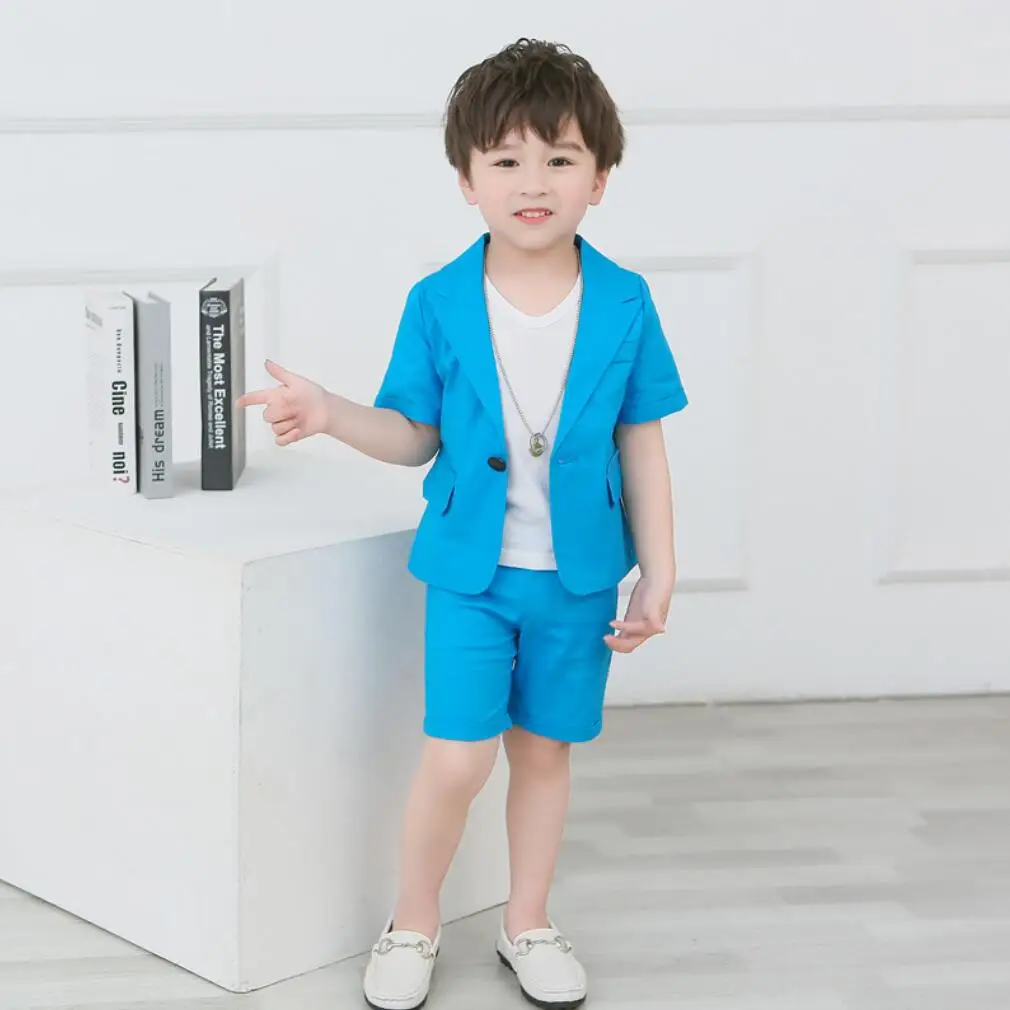 Boys Suit Set Boys Blazers Sets Wedding Or Birthday Party Summer Business Suit Shorts Jacket Sleevele T Shirt Kids Boy Clothing 3Pcs Outfit