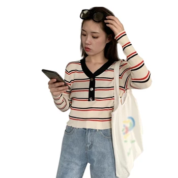 

Women's Sweater Autumn Winter Warm Stripe Pullover Jumper Knitted V neck Sweater New Slim Button Knit Top