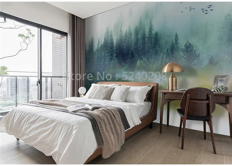 tinta paisagem, nuvem, floresta, fresco, sala de