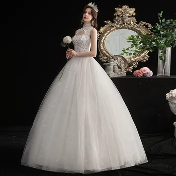 

Women's off-shoulder wedding dress with stand-up collar and make u like more Skinny