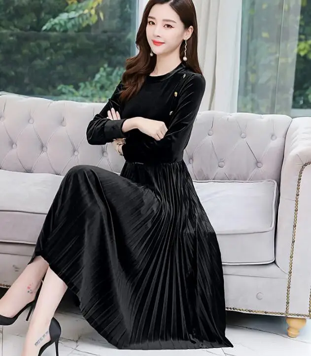 Spring New Arrival Hot Sale Fashion Stand Collar Long Sleeve Velvet Woman Pleated Long Dress - Цвет: Черный