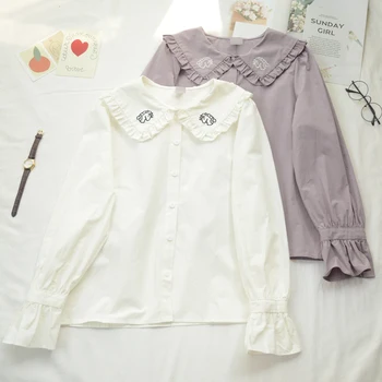 

Japanese sweet lolita shirt vintage peter pan collar flare sleeve cute printing victorian shirt kawaii girl gothic lolita top