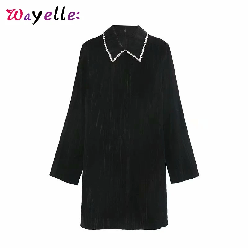 

Black Velvet Mini Dress Women 2019 Jewel Beading Back Zipper Elegant Dress Diamonds Turn-down Collar Long Sleeve Party Dresses