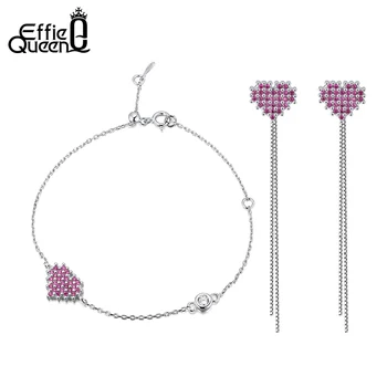 

Effie Queen Lovely Created Ruby Heart Shape 925 Silver Set Detachable Drop Dangle Earring + Bracelet Jewelry Gift Wholesale SS82