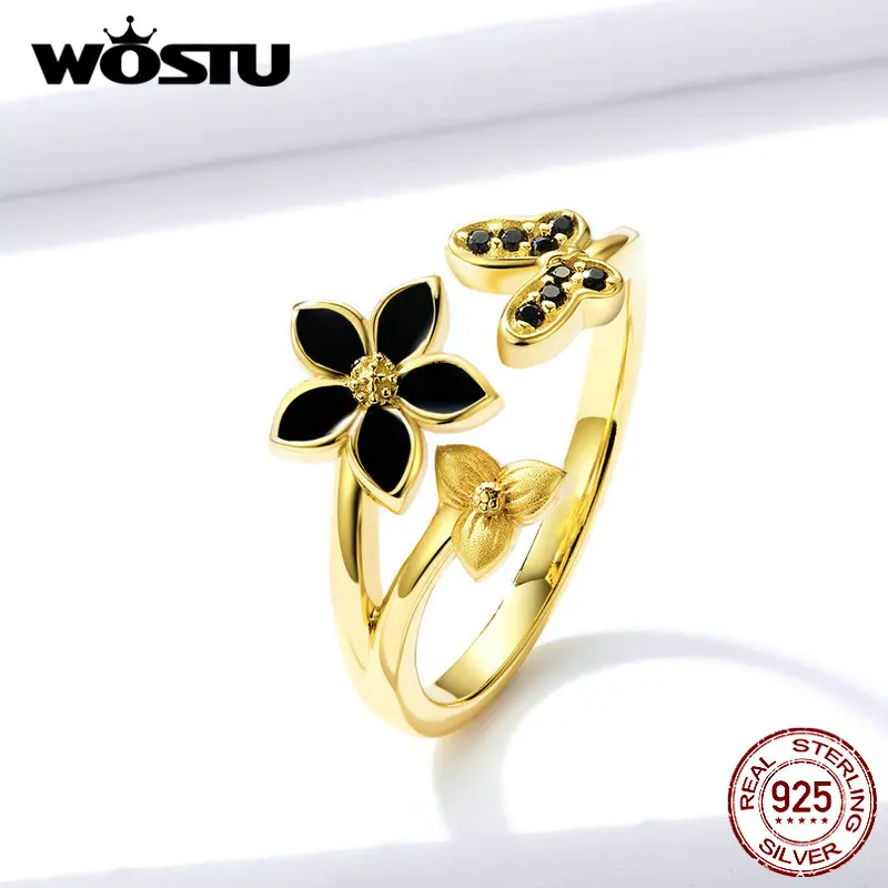 

WOSTU Real 925 Sterling Silver Flower & Butterfly Ring For Women Gold Color Adjustable Rings Wedding Engagement Jewelry FNR087