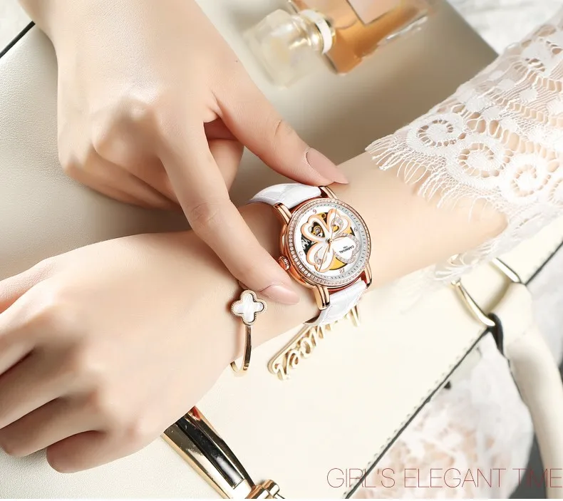 KARNEVAL режим Frauen Uhren Leder High end Tourbillon Mechanische Uhr Frauen светящийся сапфир вассердихт Montre femme