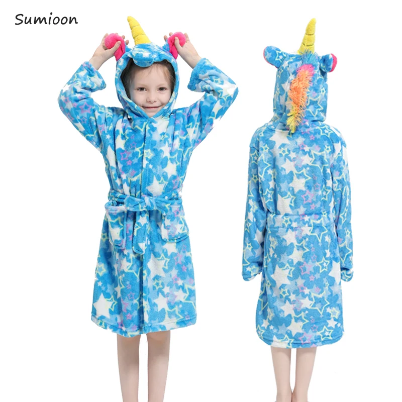 Унисекс, Детские фланелевые халаты, толстовка с единорогом, пижамы, ночная рубашка, детский банный халат, банный халат для мальчиков и девочек - Цвет: Blue star unicorn