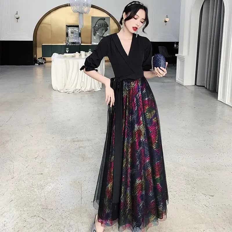 Элегантное Черное женское вечернее платье Cheongsam, сексуальное Сетчатое платье трапециевидной формы с v-образным вырезом и блестками, Осеннее новое платье большого размера 3XL Vestidos Defesta - Цвет: Black 10