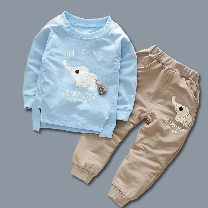 Комплекты демисезонной детской хлопчатобумажной Костюмы костюм на весну для маленьких мальчиков девушка чехол с откидной крышкой с изображением слона из мультфильма, комплекты, Детский Комплект: футболка и штаны, 2 шт./компл. спортивный костюм для маленьких детей
