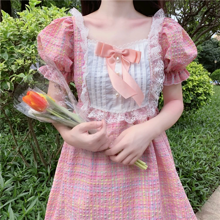 Japanese Summer Soft Girl College Style Dress Sweet Lace Square Collar Lace Bow Kawaii Puff Sleeve Dress Plaid Fluffy Dresses