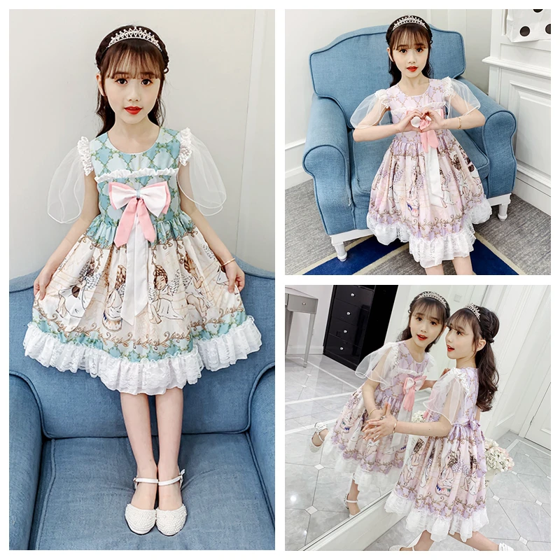 Girls dress summer bowknot short-sleeved Lolita dress children summer new girl Korean version of foreign princess skirt