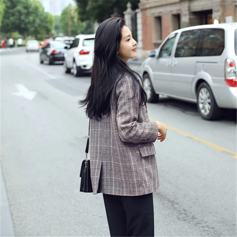 

2018 Autumn And Winter New Style Korean-style Coffee Color Lattice Woolen Cloth Small Suit Short Coat Short-height WOMEN'S Dress