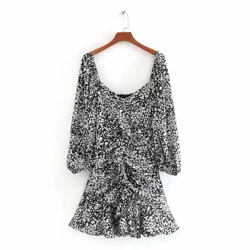 

Europe And America WOMEN'S Dress 2020 Spring New Style Square Collar Printed Pleated Flounced Slim Dress A8es9535