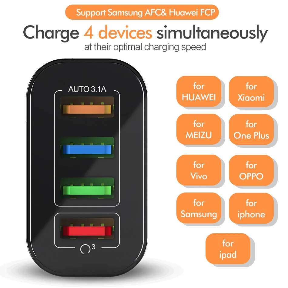 Зарядное устройство с 4 USB портами 18 Вт QC 3 0|Зарядные устройства| |