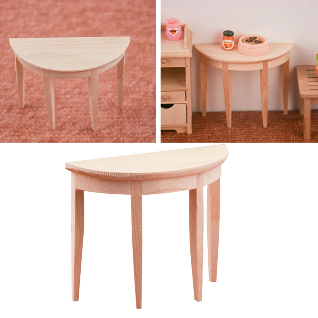 1/12 Scale Wooden Unpainted Semicircle Table Model for Dollhouse