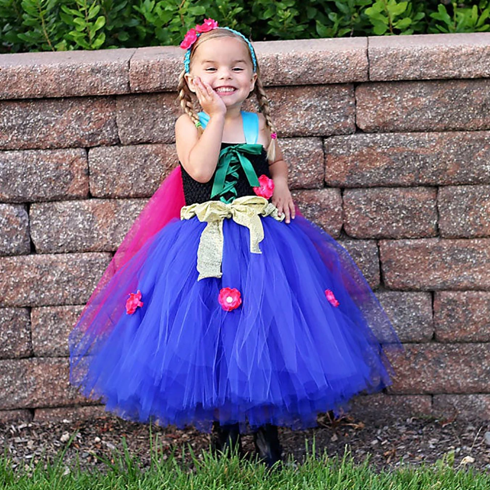 

1-14Y Ice Snow Princess Girls Tutu Dress Ankle Length Baby Toddler Birthday Party Anna Princess Costumes Kids Halloween Pageant
