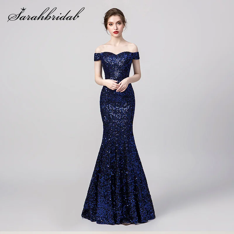 Блестящее Королевское синее свадебное платье с блестками для гостей, Длинные вечерние платья подружки невесты с открытыми плечами для женщин, vestido de festa Longo 5397 - Цвет: Royal Blue
