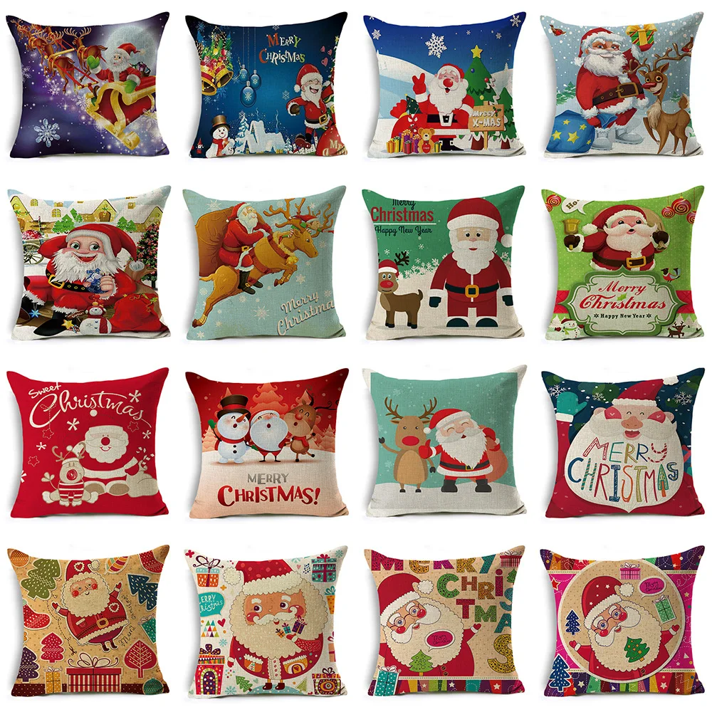 

Single-sided Printing Linen Cartoon Cushion Cover Christmas Tree Deer Gift Santa Claus Decorations for Home Throw Pillow Case