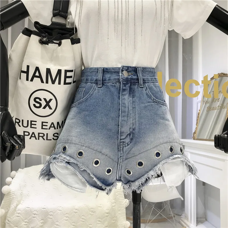 

Ripped Jean Shorts Woman Summer New All-match Irregular Burr Gradient Color Loose Wide Leg High Waist Denim Shorts Hot Pants