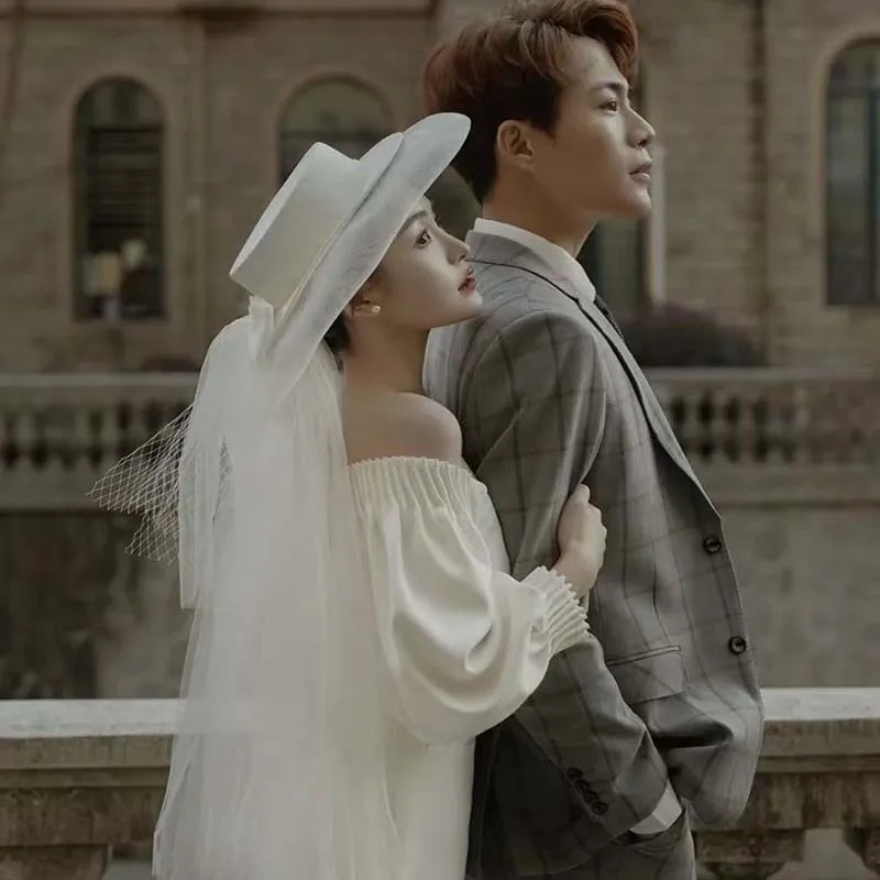 White Double-layer Satin Women's Top Hat With Bow Bride Sun