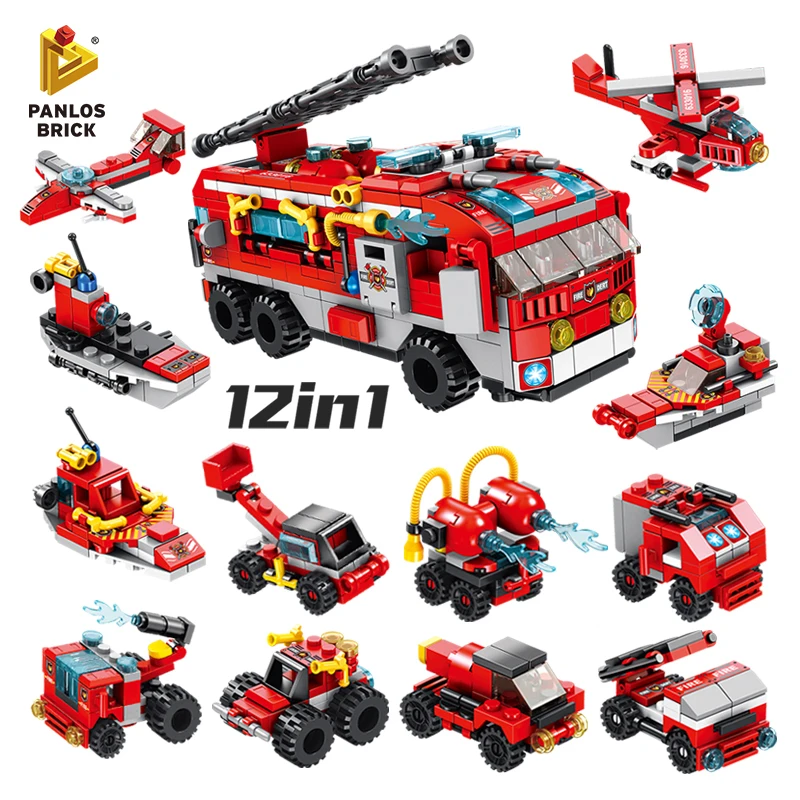 Building Blocks Fire Truck 12in1 City Building Bricks Fire Car Boat Stacking Toy Aircraft Rescue Robot Mini Fun Gift For Boy Kid