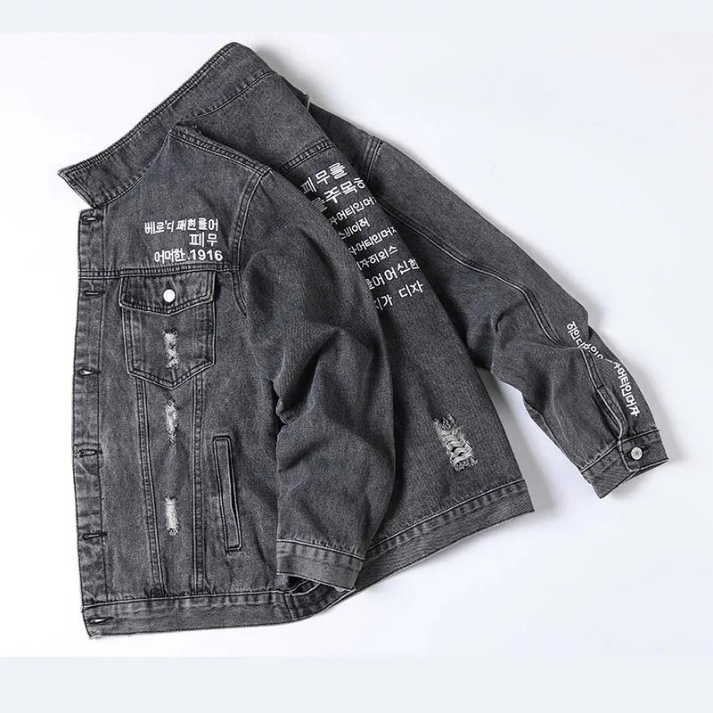 Men Fashion Ripped Jeans Jackets Outwear Letter Printed Distressed Denim Jackets Clothing For Male Black (1)