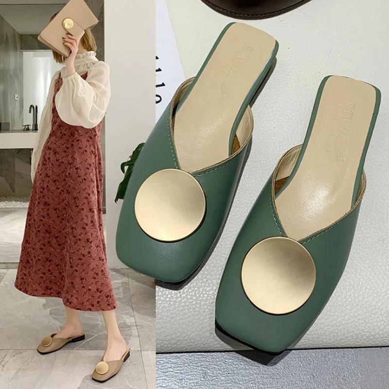 

Slippers women's 2020 spring and autumn summer flat heel square head metal round buckle half slippers Baotou no heel Muller shoe