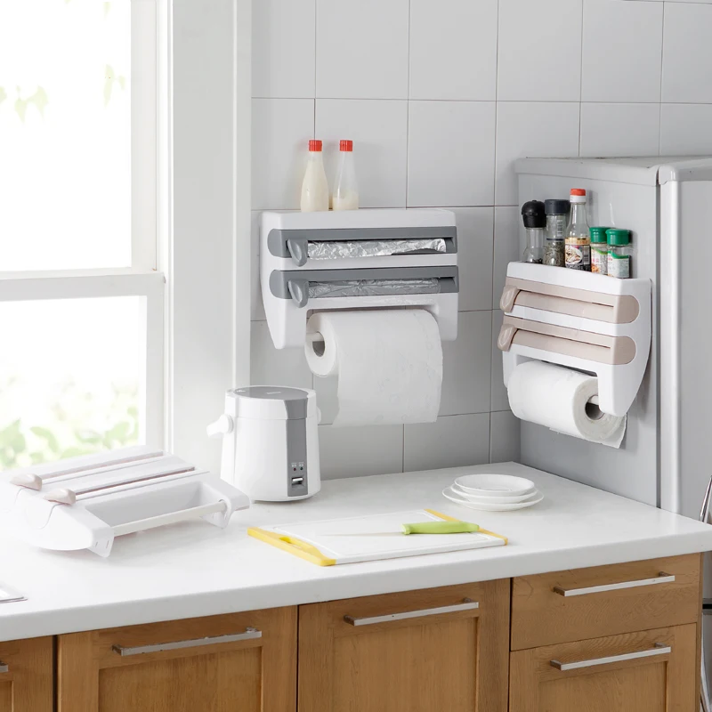 

Wall Mounted Roll Dispenser Kitchen Fresh Keeping Film Storage Rack with Belt Cutter 2019ing