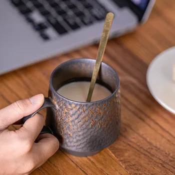 Gold Plated Glaze Coffee Cup Japanese Mug Dish Handmade Vintage Pottery CeramicTea Cups Breakfast Milk Water Mugs Tray Drinkware